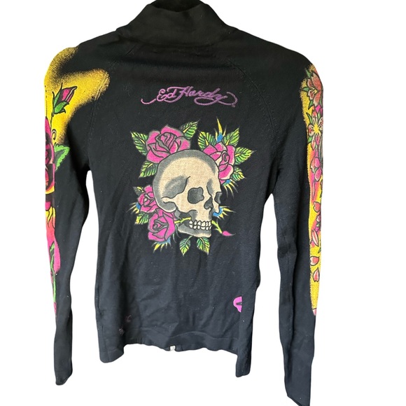 Ed Hardy Graphic Knit Zip Up Sweater Top - Picture 2 of 8